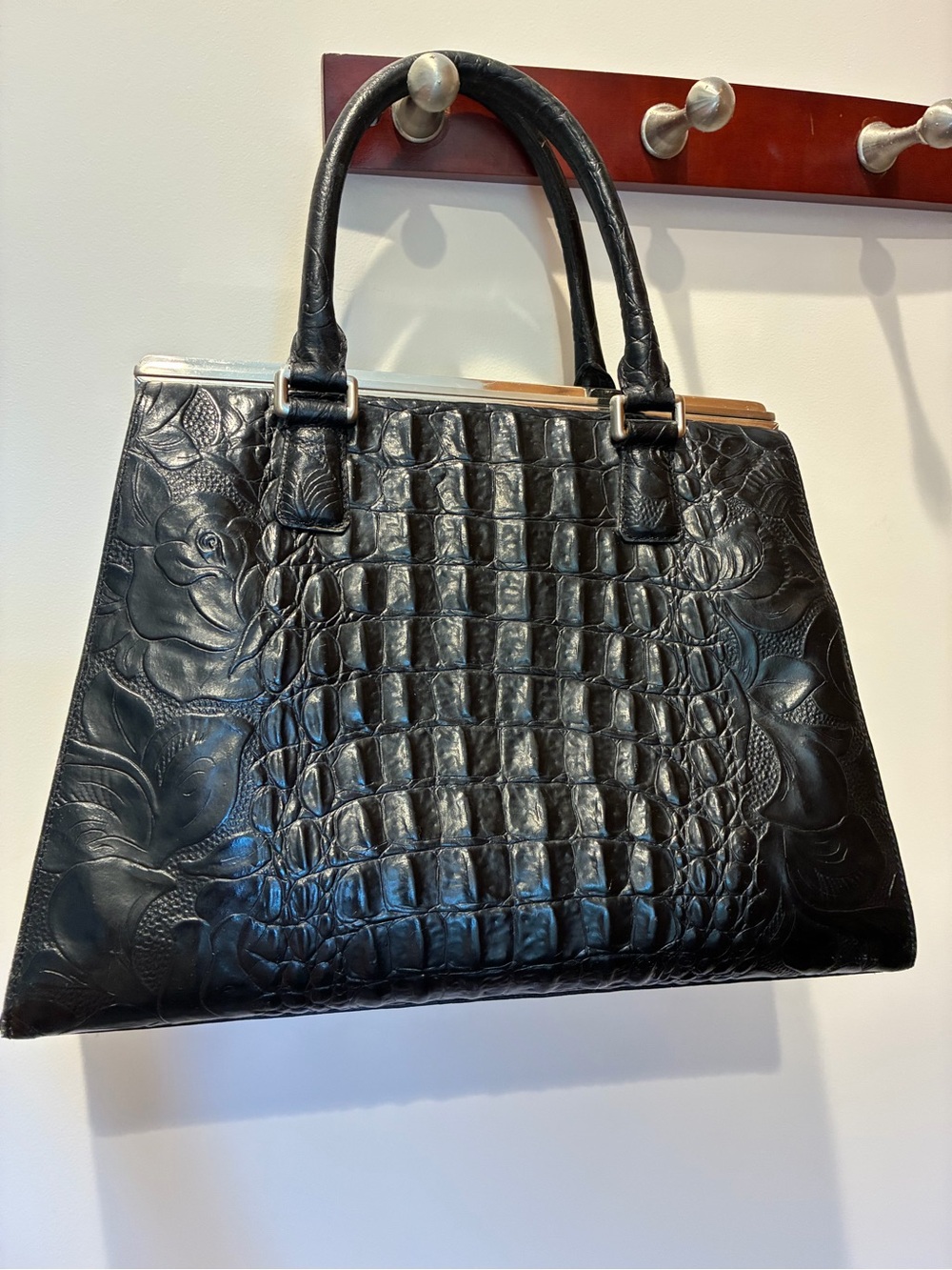 Ann Taylor Black Embossed leather Croc-Pattern Satchel